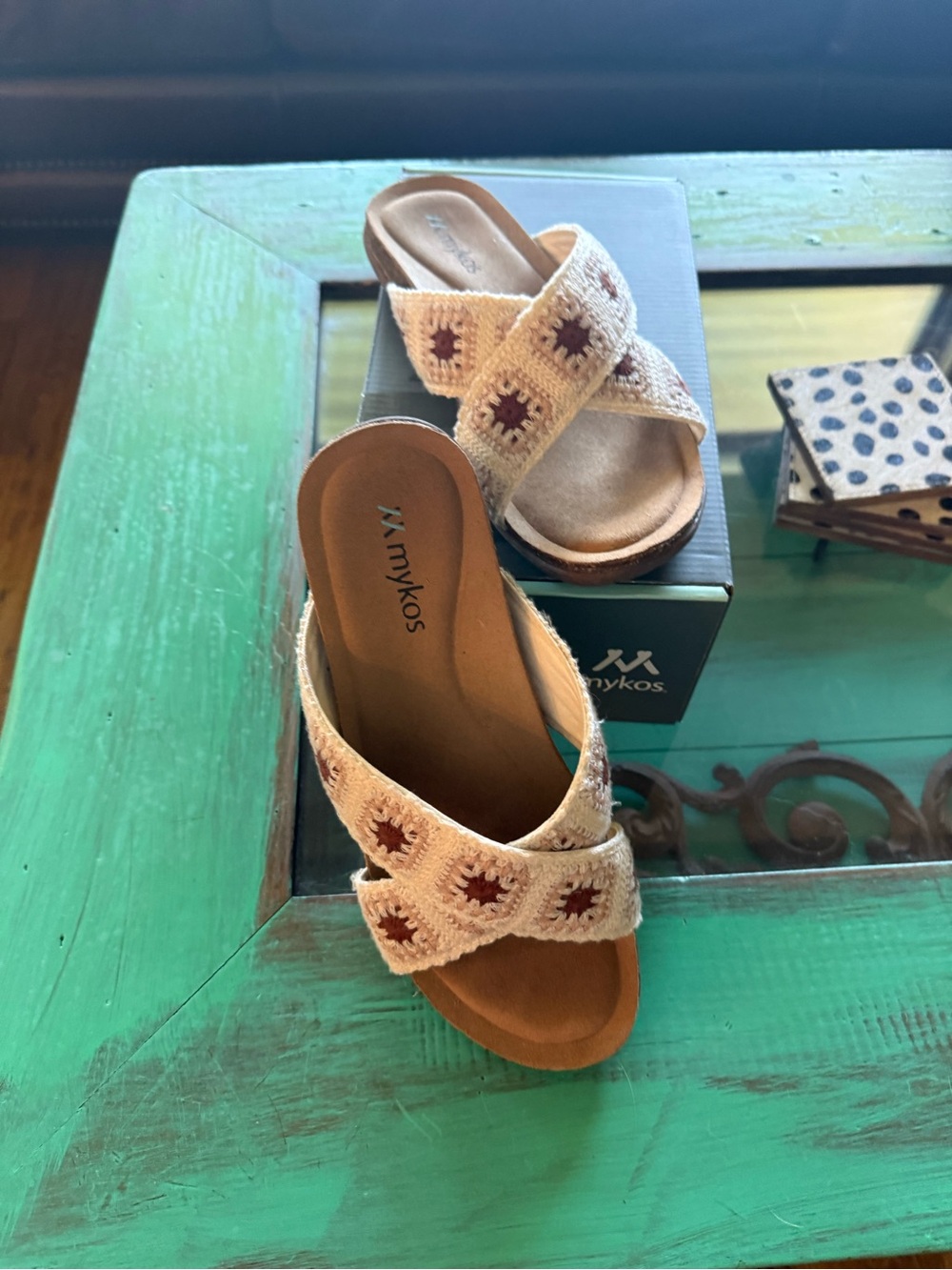 Women’s Cream Crochet Crossband Slide Sandals with Brown Detail